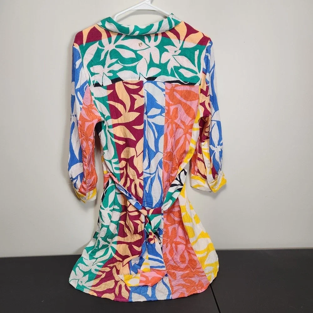 Marie Oliver Silk Mini Shirt Dress M Collar Tie Waist 3/4 Sleeve Tropical Resort - Picture 2 of 9